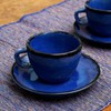 NOVICA Artisan Handmade Ceramic Cups Saucers Blue from Bali Pair