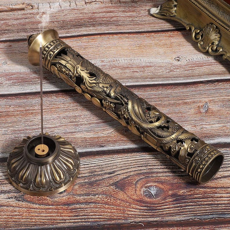 Incense Burner Holder Hollow Brass Dragon Phoenix Relief Craft Ornaments