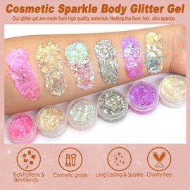 Boko 6pcs Body Glitter Gel, Sparkle Mermaid Chunky Glitter Gel for Face Hair Body Glitter Makeup, Cosmetic Face Glitter Sequins for Christmas Concert Party Themed Makeup Rave Accessories