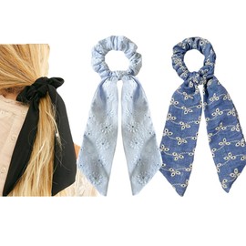 2 Pcs Blue Knotted Bow Hair Scarf Scrunchies with Hollow Floral Bow Hair Ties - Long Tail Bowknot Scrunchies, Chiffon Ribbon Hair Bows for Women Girls Thin Hair Scarf (hollow floral)