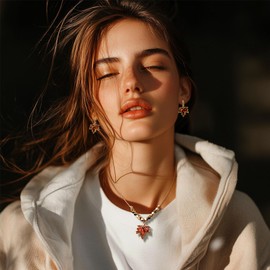 Frigotine Gold Fall Maple Leaf Hoop Earrings Pendent Necklaces Sets for Woman, Dainty Orange Crystal Rhinestone CZ Leaves Necklace Dangle Earing Jewelry Set Wedding Prom Fashion Autumn Gift