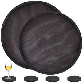 Suzile 2 Pcs Extra Large Round Serving Tray with Handle 23" 21" Round Wood Tray Rustic Heavy Duty Round Charcuterie Board Huge Decorative Organizer Tray for Ottoman Table Home Entertaining(Black)