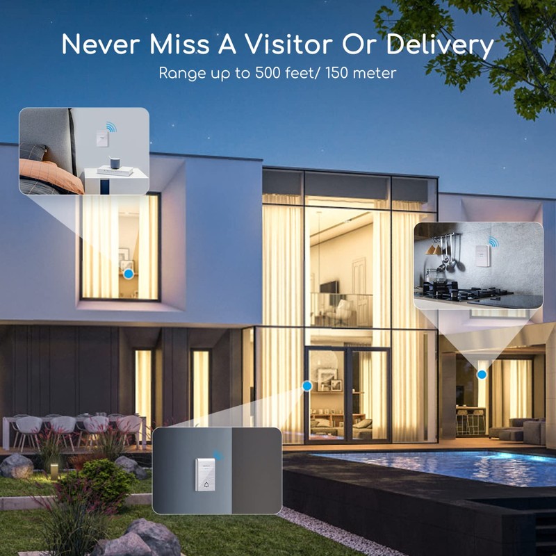 Aigostar doorbell, waterproof portable wireless bell set, doorbell kit, wireless