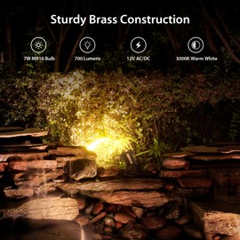 ATCD Underwater LED Pond Light Solid Brass 12V Low Voltage Landscape Submersible LED Lights with 7W MR16 LED Bulb Outdoor Copper Long Lasting Pond Lighting for Pool Fountain Garden