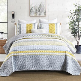 DJY Yellow Quilt Set California King Size, Boho Yellow Grey Striped Bedspread Coverlet Set Soft Microfiber Patchwork Quilt Bedding Set 3 Pieces for All Season(106"x96")