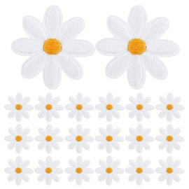 QESSUVNC Pack of 20 Daisy Flower Patches, Iron-On Patches, Flower Patches, Embroidered Appliques for Sewing on for DIY Decoration, Clothing, T-Shirt, Backpack, Hoodies, Jeans