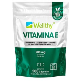 Wellthy Vitamina E 200 Cápsulas. 200mg de Vitamina E por porción, solo una Cápsulas al día, 200 porciones por envase para casi 7 meses de consumo. Bottle Free.