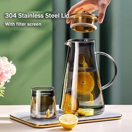 5-Pcs Glass Pitcher Set Jug with 4 Water Glasses Tumbler Cups Lid Carafe Jug with Spout Handle for Hot/Cold Tea Beverage