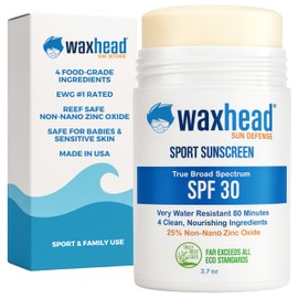 Waxhead Zinc Oxide Sunscreen Stick SPF 30, 4-Ingredient Mineral Sunscreen for Face & Body, EWG 1, Reef Safe Non-Nano, Baby & Kids Sensitive Skin, Water Resistant Sport Tattoo Sunblock, 3.7 oz