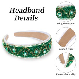 Oblihumoy Green Rhinestone Headband for Women and Girls Bling Sparkly Crystal Diamond Hair Band Wide Padded Glitter Beaded Hairband Fashion Hair Accessories for St Patrick's Day Party Birthday Gift