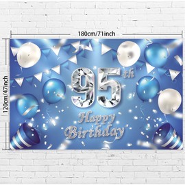 Happy 95th Birthday Banner Background Decorations Balloons Crystal Confetti Theme Decor for Men or Women Cheers to 95 Years Party Favors Supplies Blue Silver