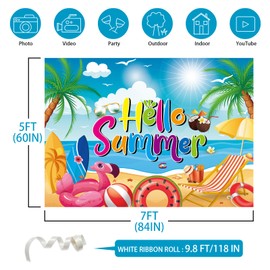 Hello Summer Backdrop,84x60Inch | Beach Backdrop Hawaiian Pool Beach Party Background Hello Summer Beach Party Backdrop Summer Banner Summer Tropical Party Decor Supplie 7x5FT