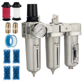 PUSUSI Industrial Grade 3 Stage Air Drying System - Particulate Filter, Coalescing Filter, Desiccant Dryer & Air Regulator, Metal Bowl, Suitable For Paint Spray & Plasma Cutter (1/2" NPT,Manual Drain)