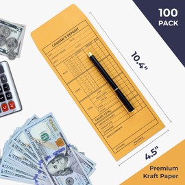 Volcora 100 Pack Cashier Envelopes, Cash Deposit Envelopes, Self Adhesive Cash Envelopes, Money Envelopes, Brown Kraft Bank Deposit Slips for Retailers, Restaurants, Small Businesses, Stores