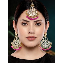 Aheli Indian Wedding Kundan Pearl Maang Tikka con pendiente Set Bollywood Party Joyas tradicionales para mujeres niñas (rosa)
