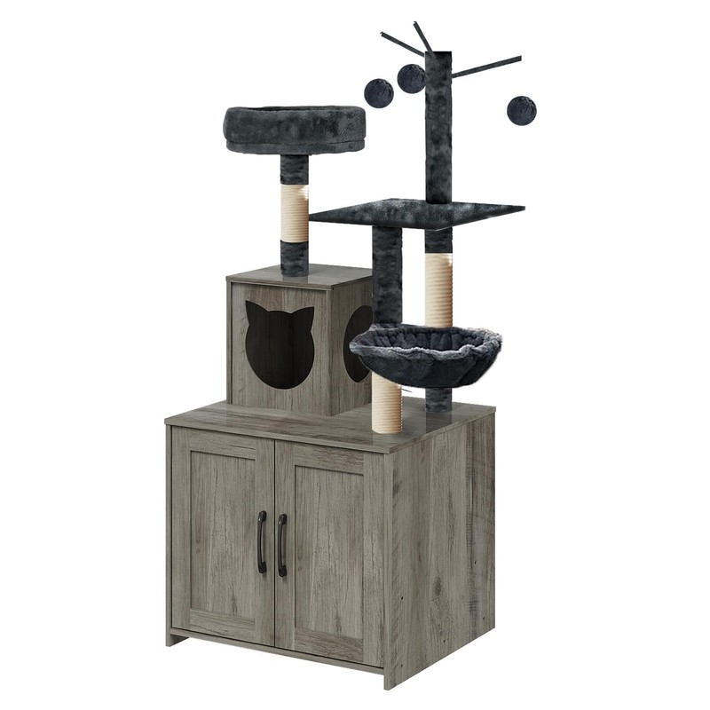 Cat Tree with Litter Box, Wood Litter Box Enclosure with