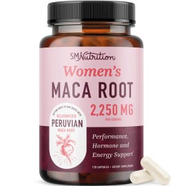 SMNutrition Women's Organic Maca Root – 2250mg Gelatinized Peruvian Maca – Energy, Hormone & Performance Support – 120 Capsules