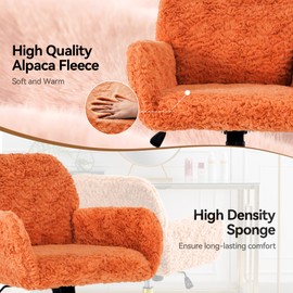 Warmiehomy Furry Cute Office Chair, Modern Swivel Desk Chair, Makeup Vanity Chair with Back, Alpaca Fleece Desk Chair with Wheels, Upholstered Rolling Chair for Vanity Makeup Room Girls Women Orange
