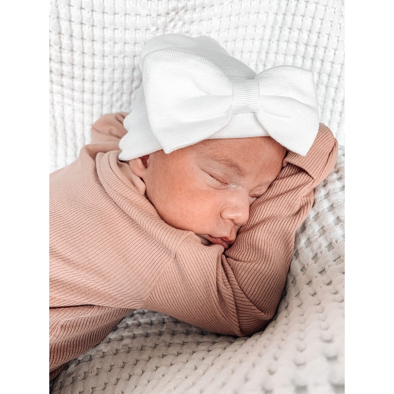 Kidcentral Essentials Newborn Baby Knitted Hat - Bow - White