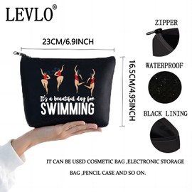 LEVLO Bolsa de maquillaje de natación para cosméticos, regalo de equipo de natación, es un hermoso día para natación, maquillaje, bolsa con cierre para mujeres y niñas, Day For Swimming Black