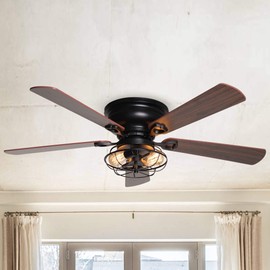 Vaczon 48 Inch Farmhouse Flush Mount Ceiling Fan with Light & Remote, 5-Blades 3-Speed Quiet Reversible Motor, Timer Function Low Profile Ceiling Fans for Bedroom Living Room