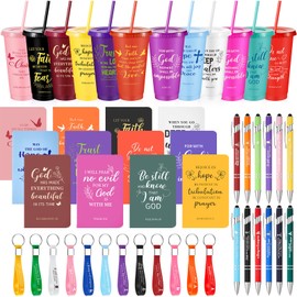 Hollowfly 48 Pcs Christian Church Gifts Bulk Christian Cups Set Christian Ballpoint Pens Bible Verse Keychain and Notebooks Inspirational Bible Gifts for Christmas Women Men Volunteer(Colorful)
