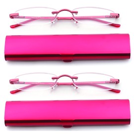 Women 2 Pack Compact Reading Glasses On The Go Slim Reading Glasses in Tube Reader Frameless Super Light Weight Reading Glasses Rimless in Aluminum Case Women Reading Glasses Blue&Red 1.50