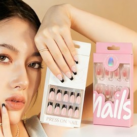 2 paquetes de uñas postizas de punta francesa de longitud media - 48 unidades (24 piezas por paquete) Kit de uñas postizas reutilizables en rosa nude 