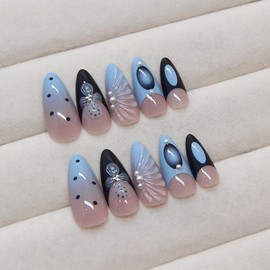 24 Pcs French Tip Press on Nails Long Almond Fake Nails Summer Theme RIICFDD Acrylic Nails 3D Shell Designs Pearl Nail Charms False Nails Full Cover Blue Glue on Nails for Women Summer Nails