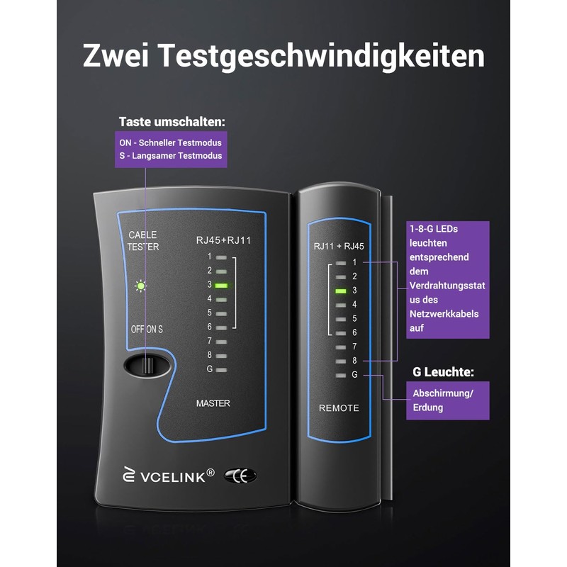 VCELINK Kabeltester, Netzwerktester Kabeltester für RJ45 RJ11 Kabel-Patchkabel-Leitungstester, LAN Tester,