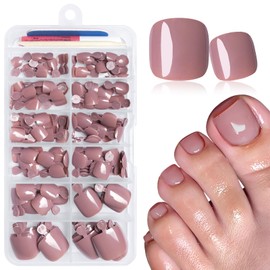 GlamRays Pack of 168 False Toenails, Women's False Toenails with Jelly Stickers, Short Square False Toenails, Art Toenails (Coffee)