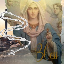 Flongo Pearl Rosary Chain Mary: Cross Virgin Saint Mary Necklace Gold Silver White Pearls Mother of God Pendant Oval Medal Plate Jesus God Crucifix Christening Gift for Men and Women, Stainless Steel