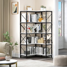 YITAHOME Corner Bookshelf, 5-Tier L-Shaped Bookshelf Storage Organizer, Tall Open Display Freestanding Storage Rack Corner Shelf for Living Room, Home Office, White