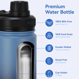 DOMICARE 16 oz Kids Water Bottle for School Stainless Steel Double Wall Vacuum Insulated Water Bottle with Straw lids & Spout Lid, Leakproof BPA Free (Blue/Navy,4)