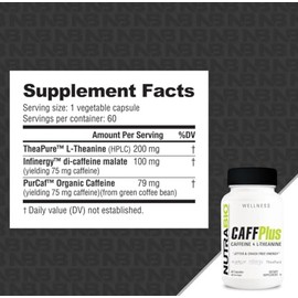 Nutrabio - CaffPlus - Cafeina de Doble Fuente con 200 mg de Teanina - 60 capsulas - 60 Ser- Sin Gluten - Sin OMG - Apta para Vegetarianos