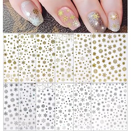 12 Sheets Christmas Snowflake Nail Art Stickers,Gold Nail Supplies Snowflake Nail Decals Metallic Snowflakes Glitter Gold Silver Nail Designs for Christmas Nail Decorations Xmas Manicure Accessories