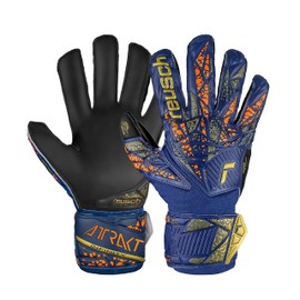 Reusch Attrakt Infinity Finger Support Junior Goalie Gloves, Soccer Goalkeeper Gloves with Finger Protection, Breathable, Durable, for Artificial Grass & Hard Surfaces, Premium Blue/Gold/Black, Size 5
