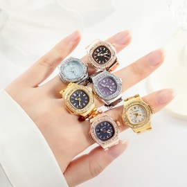 JewelryWe Ring Watch Finger Watch Women's Watches Square Quartz Analogue Adjustable Metal Ring Watch Women Glitter Rhinestone Finger Ring Watch Ring with Black Rectangular Dial, Gold-5pcs Set, Elegant