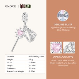 GNOCE Charm Pendant Wicked Elphaba on Broom Flying Pendant S925 Sterling Silver Charm Beads for Bracelet Necklace Jewellery Gift for Fans, Silver, Cubic Zirconia