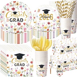 Ceenna 452 Pcs Class of 2026 Gold Floral Graduation Decoration Party Supply for 50, Wildflower Congrats Grad Paper Plates Napkins Cups Tablecloth Cutlery Straw for Freshly Graduated Party Decorations
