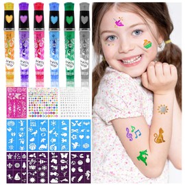 Children's Tattoo Pens, Tattoo Pens for the Skin with 6 Colourful Tattoo Pens, 9 Stencils, 330 Rhinestones, Temporary Tattoo Pens Children for Festival, Birthday, Glitter, Make-Up, Party, Body