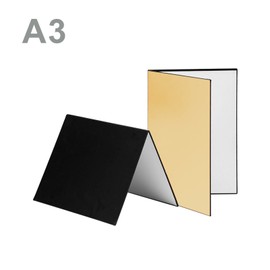 3-in-1 Photography Cardboard Paperboard Folding Photography Reflector Diffuser Board (Black + White + Golden) for Still Life Product Food Photo Shooting, A3 Size