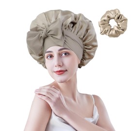 Cocheng - Capó de seda para dormir y cabello rizado, banda ancha, capó de seda, grande y transpirable, para dormir, Pequeño café, Large-X-Large