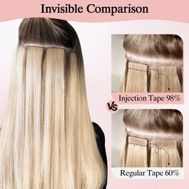 SEGO Pro 10pcs Injection Tape in Hair Extensions Human Hair Straight Injected Tape in Hair Extensions Seamless Tape in Hair Extensions Insert Hair,16inch Bleach Blonde,25g/pack