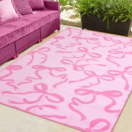 Nuanchu Pink Bow Outdoor Rug Waterproof 5 x 8 ft Plastic Straw Rugs Coquette Camping Carpet Patio Mat Indoor Outdoor RV Mat for Outside Beach Pool Patio Backyard Deck