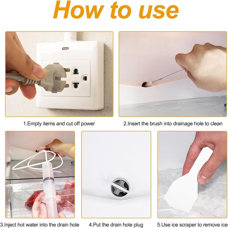 Refrigerator Cleaning Set, 5-Piece Fridge Drain Cleaning Brush, Ice Scraper,