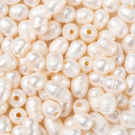 Beadthoven - 100 perlas ovaladas naturales de agua dulce de 7 a 10 mm, perlas de agua dulce de 1,8 mm, agujero grande, perlas en forma de arroz para cordón de piel, abalorios, joyería, manualidades (blanco)