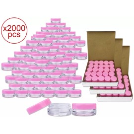 Beauticom 2000 Pieces 3 Gram/3ml Plastic Round Clear Sample Jar Containers with Pink Lids