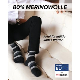 vitsocks Men's Merino Socks 80% Wool Warm Breathable (Pack of 2) Plain & with Stripes, Grey (2 Pairs: Stars & Plain)