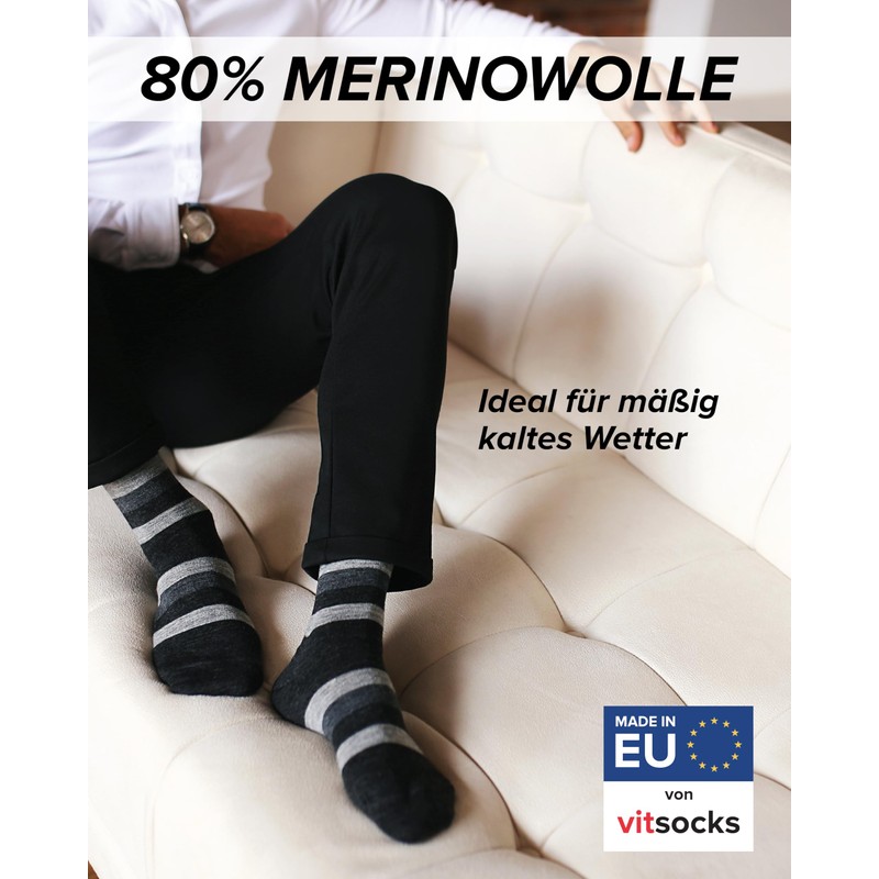vitsocks Men's Merino Socks 80% Wool Warm Breathable (Pack of